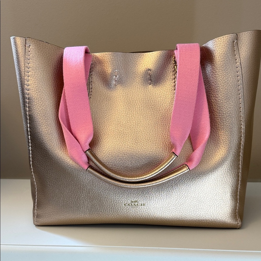NWT ~ COACH Metallic Gold Tote with Pink Ribbon Handles! 💕